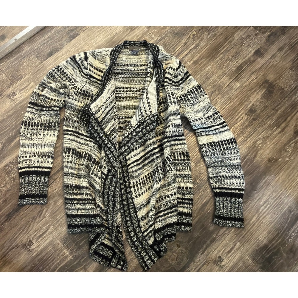 Lola B Womens Black White Geometric Knit Open Front Waterfall Cardigan Large